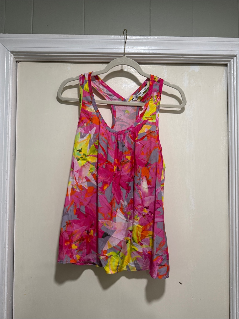 Trina Turk Pink Floral Racerback Tank with Neon Yellow & Orange Accents